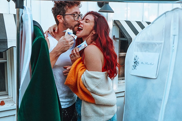 A man and a woman enjoying a Special-K breakfast bar